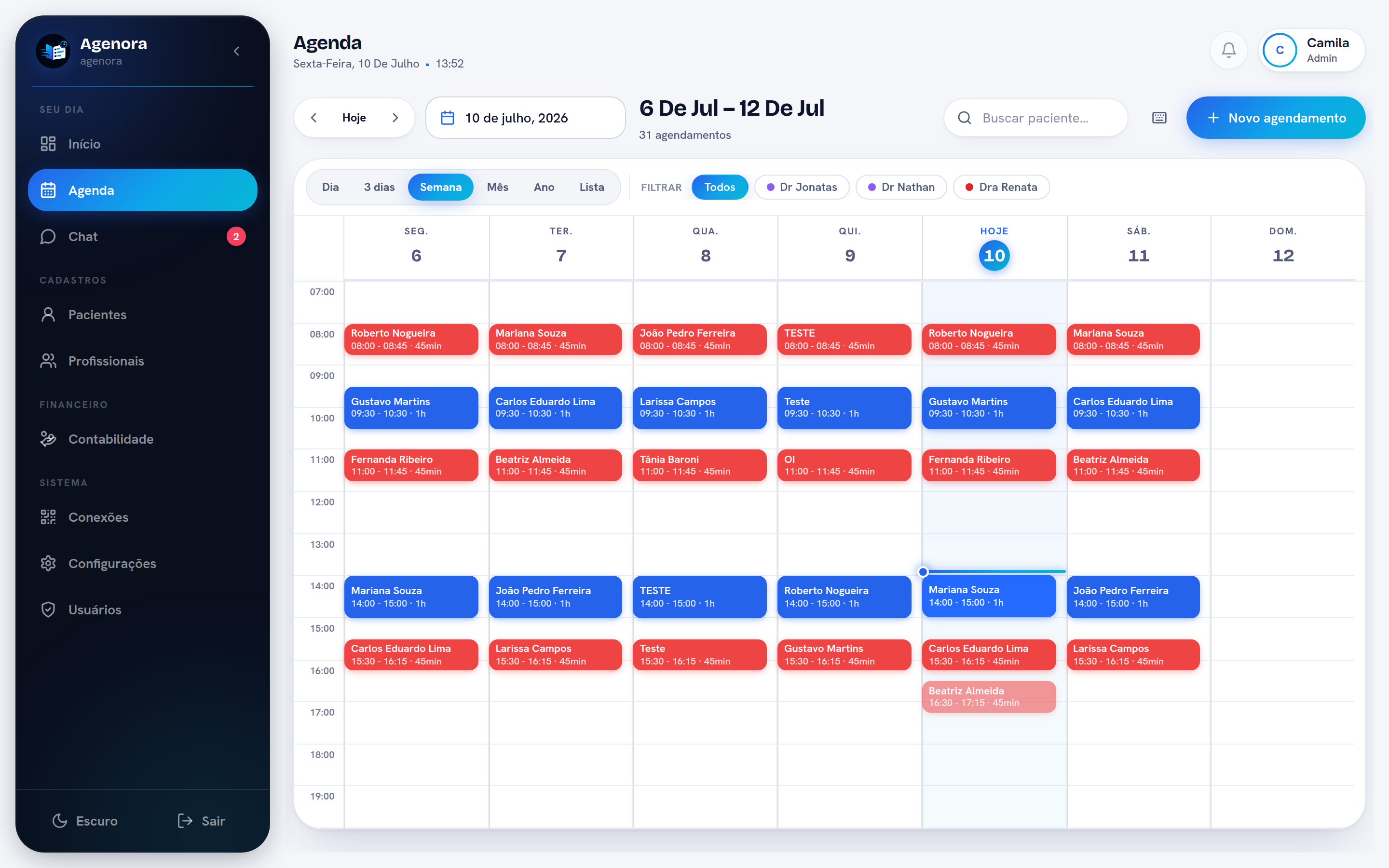Agenda semanal com consultas coloridas por status