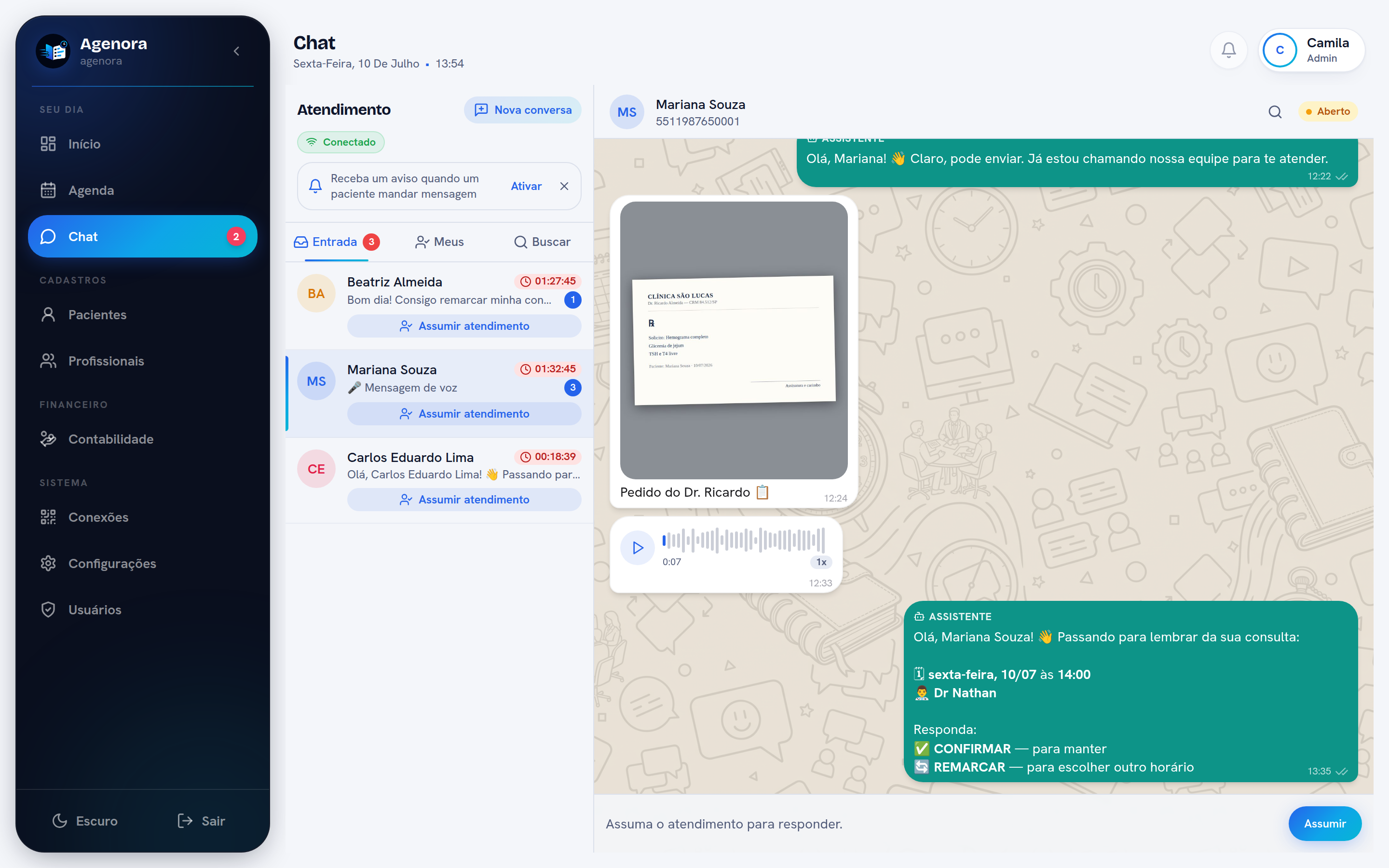 Fila de atendimento com conversa aguardando e botão Assumir