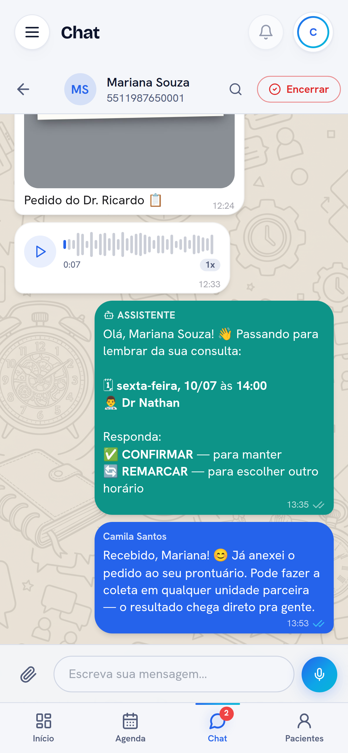 Chat com paciente no celular, com foto e áudio
